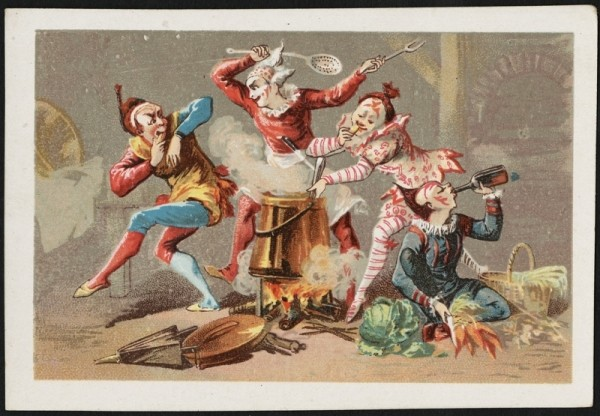 Four clowns cooking over a fire - one drinks a bottle, one stirs a pot, two are play fighting in the background.